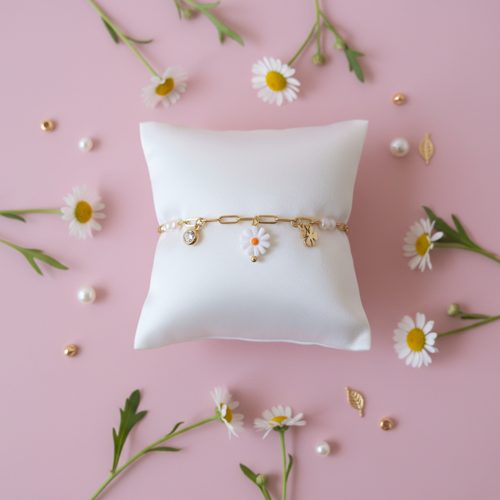 Bracelet Marguerite - chaîne dorée breloques marguerite cristal lapin - Les Perles d'Ornelia