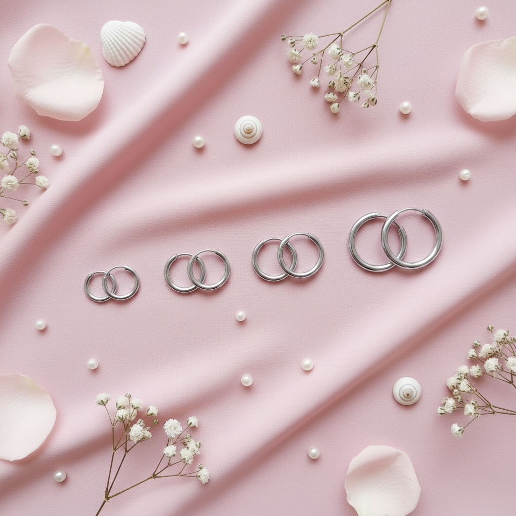 Set Créoles Argentées Essentielles sur fond rose poudré