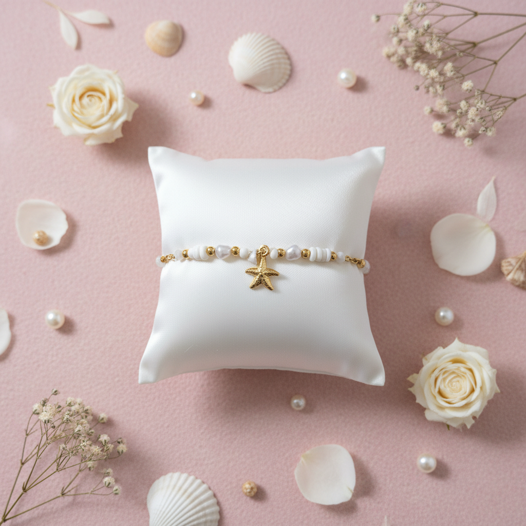 Bracelet Étoile de Mer - perles blanches et or avec breloque étoile dorée - Les Perles d'Ornelia