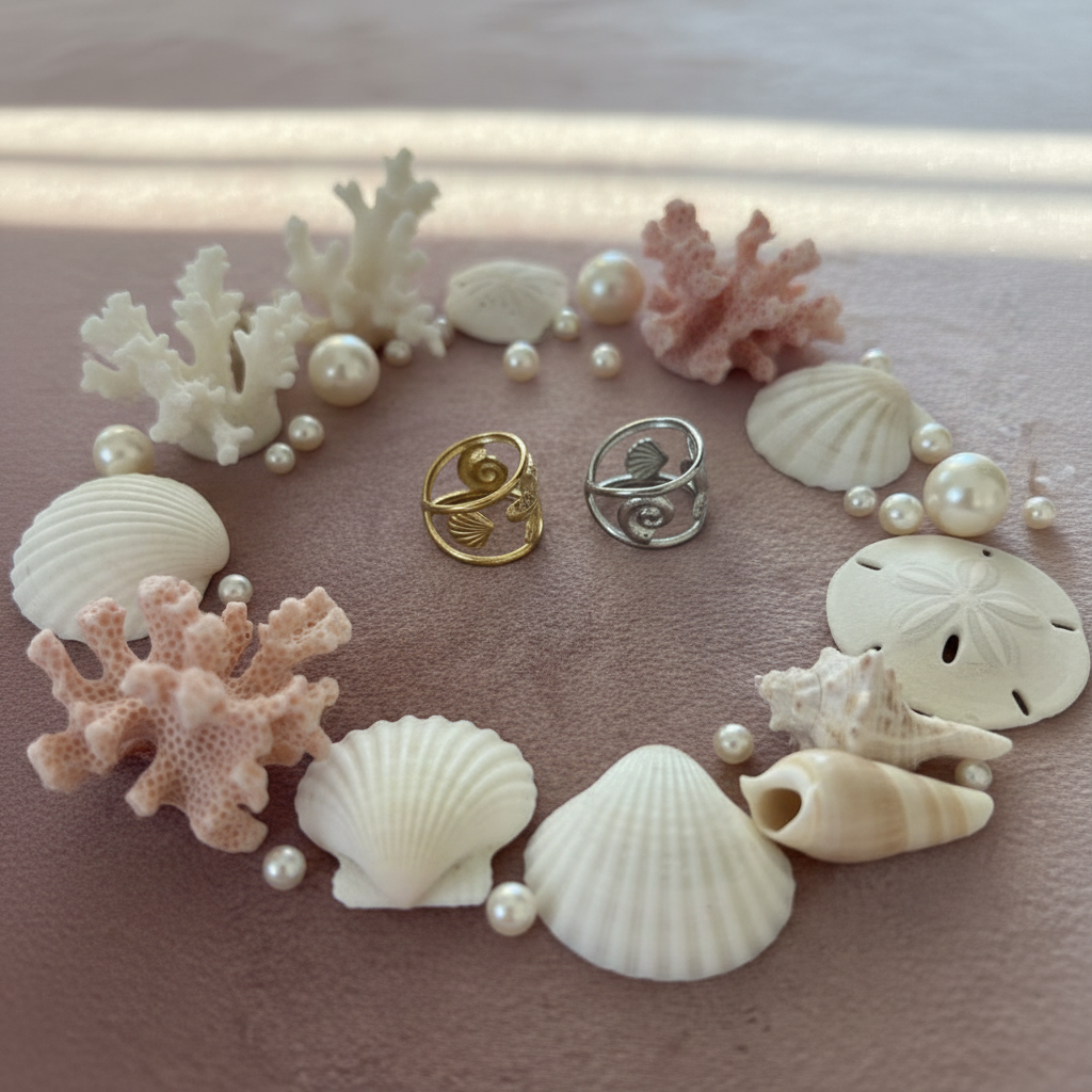 Bague Étoile des Sables - dorée et argentée avec coquillages et coraux